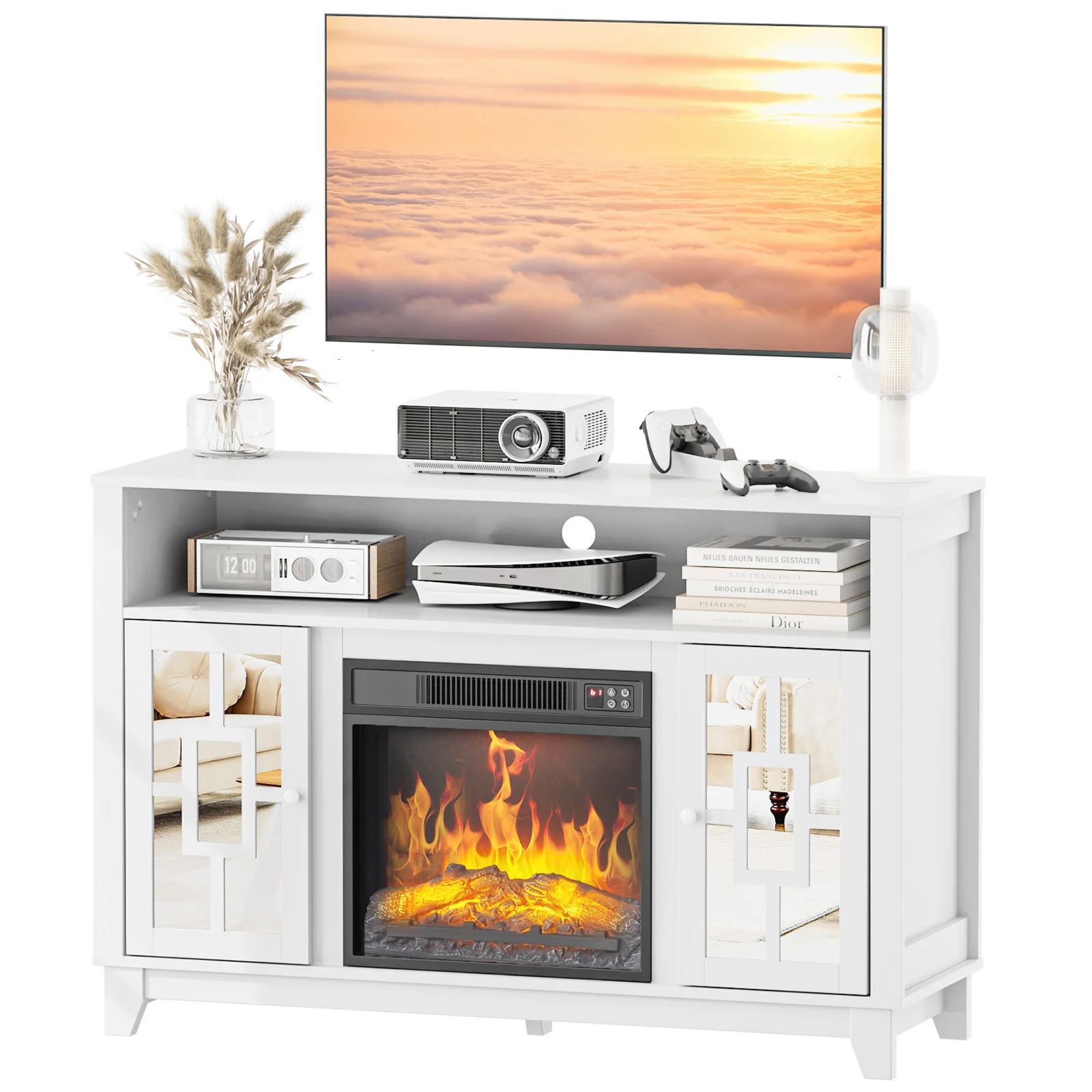 

Современная белая тумба под телевизор с рельефным узором и двумя зеркальными дверцами для встраиваемого камина 18 дюймов (сотовая ДСП)