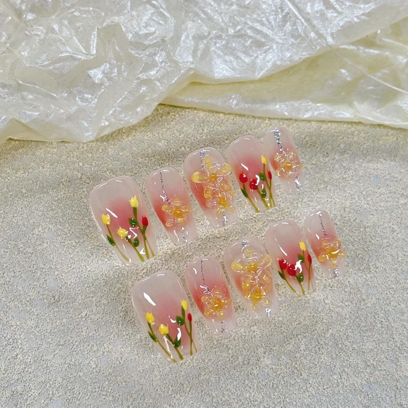 Pure hand-worn nail art three-dimensional small flower ice transparent nude pure desire short tulip explosion Xiaohongshu white