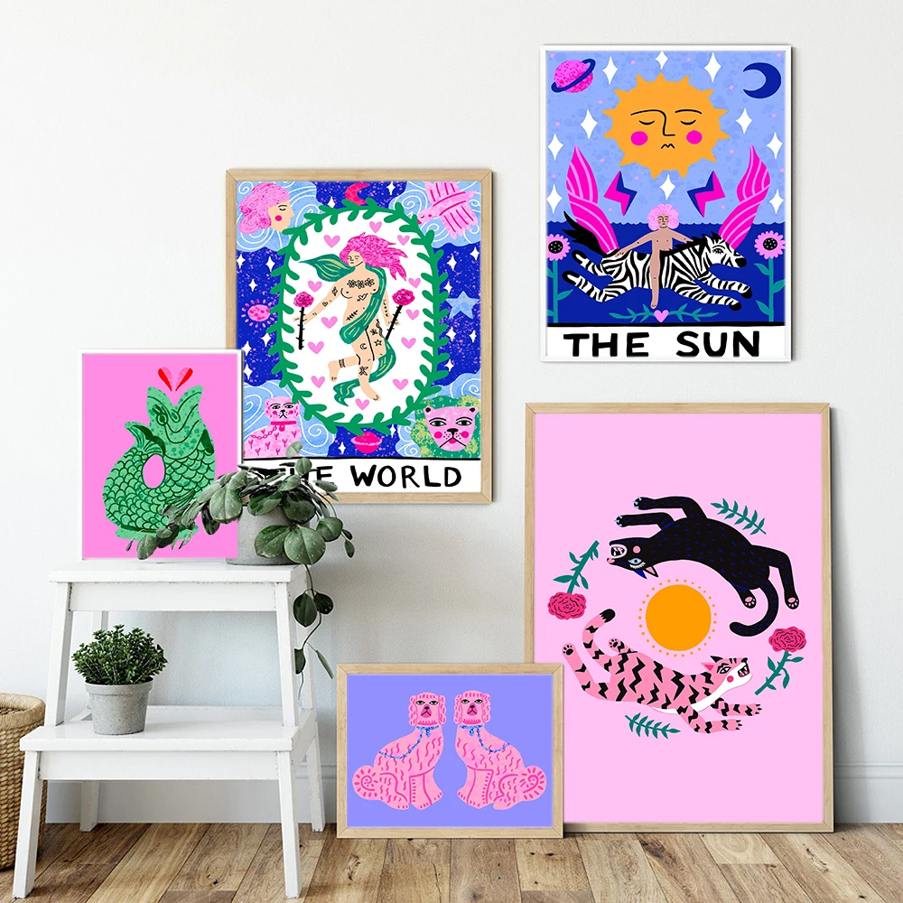 Abstract Cat Animal Art Poster Print Sun Star Tarot Card Tiger Leopard Canvas Painting Pink Picture Mural for Living Room Home