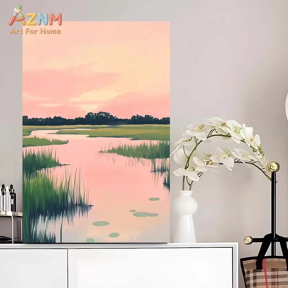 AZNM Pastel Pink Sunset Wetland Canvas Print Soft River Reed Marsh Scenery Minimalist Nature Landscape Wall Poster Unframed Home