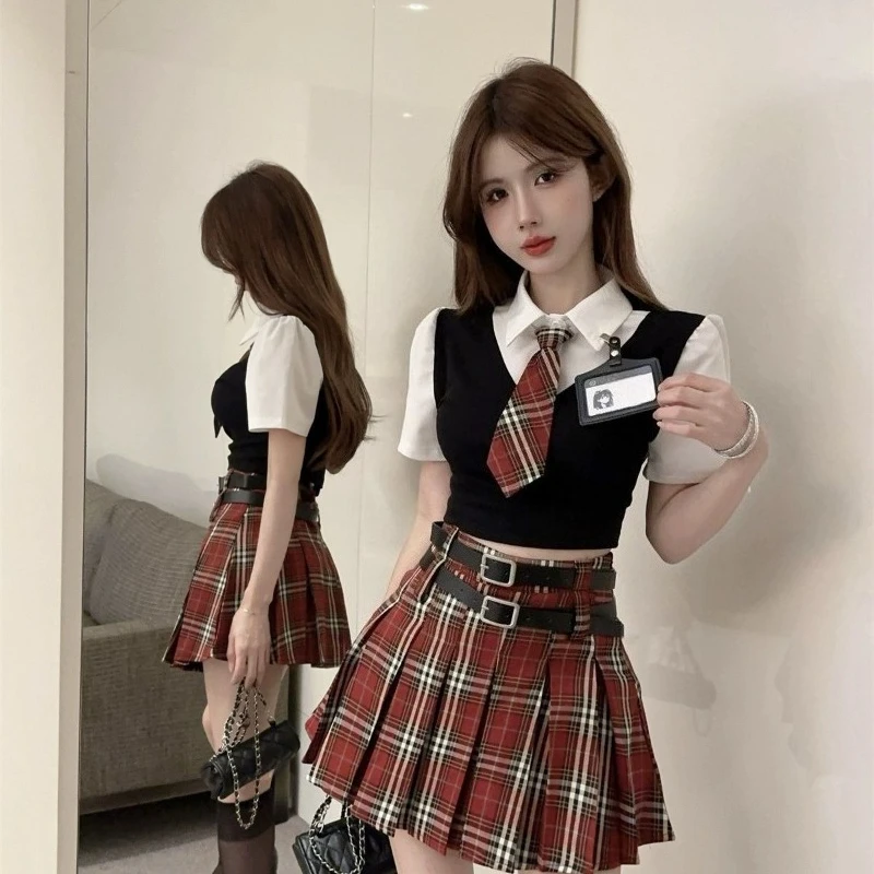 

Women Summer School Uniform Style Two Piece Outfit Fake Layered Blouse Pleated Skirt Set Casual College Fashion​