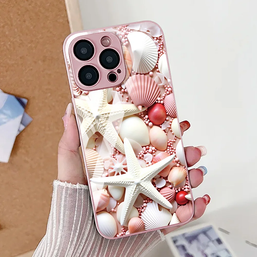 

Seashell Starfish Tempered Glass Phone Case For iPhone 14 17 15 13 11 12 16 Pro Max 16E Air 7 8 Plus XR XS SE Shockproof Cover