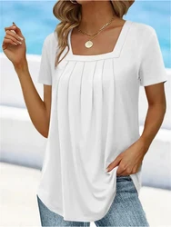 Women Solid Loose Fit Pleated T-shirt Summer U-Neck Female Shirts Fashion Ladies Vacation Tops 2024 Basic Regular Pullover Tops