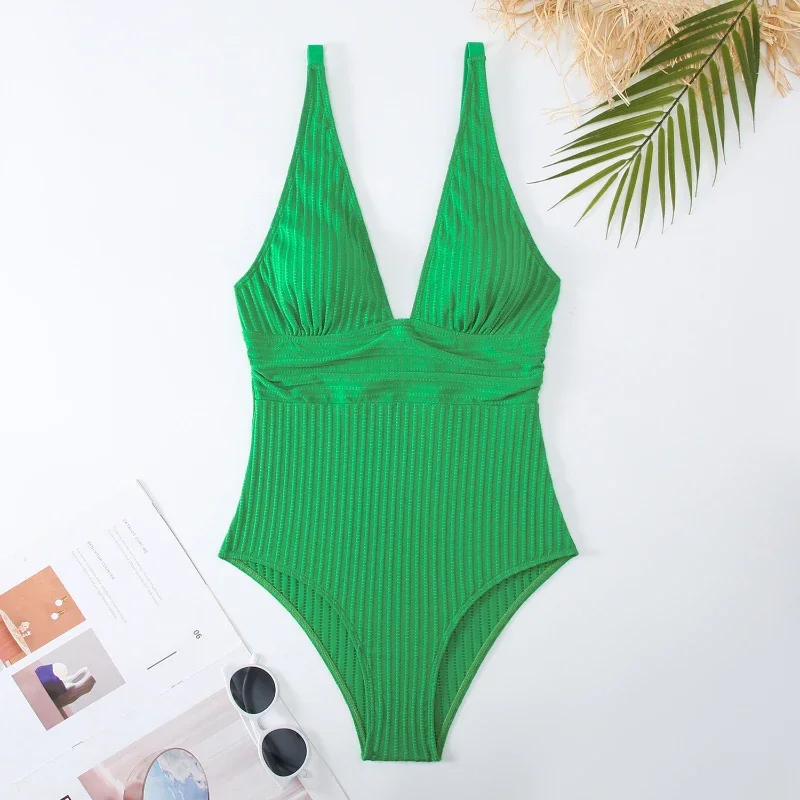 Bañador unicolor de una pieza para mujer, traje de baño sin espalda con realce, ropa de playa, Monokini a bajo precio