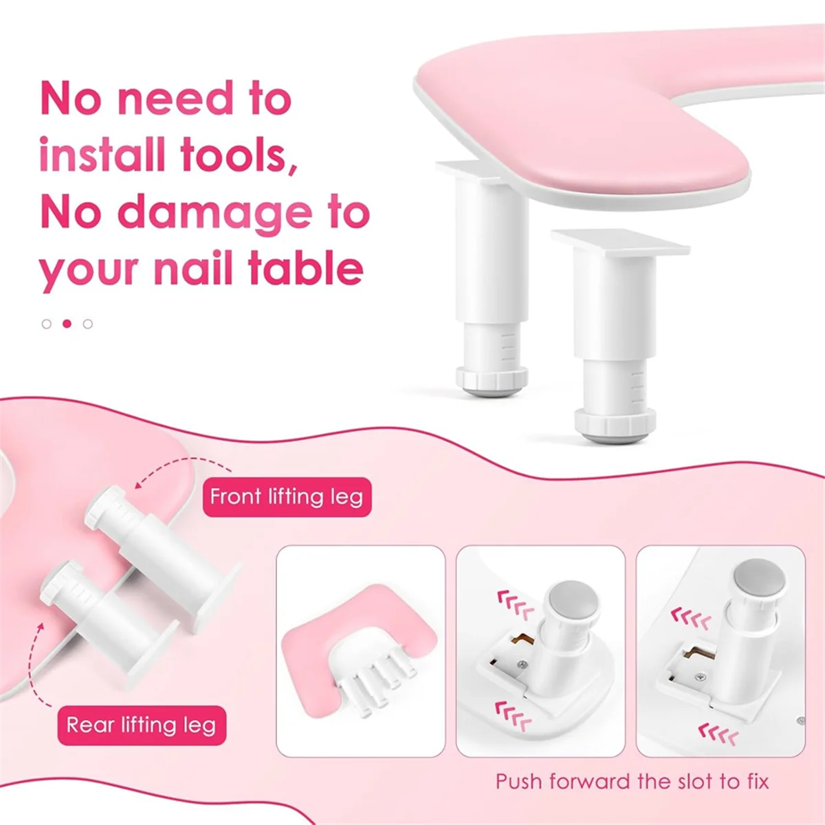 【A75U】 Manicure Arm Rest for Nails Tech: U-Shaped Adjustable Nail Armrest -PU Leather Hand Stand Rest for Manicurists Pink