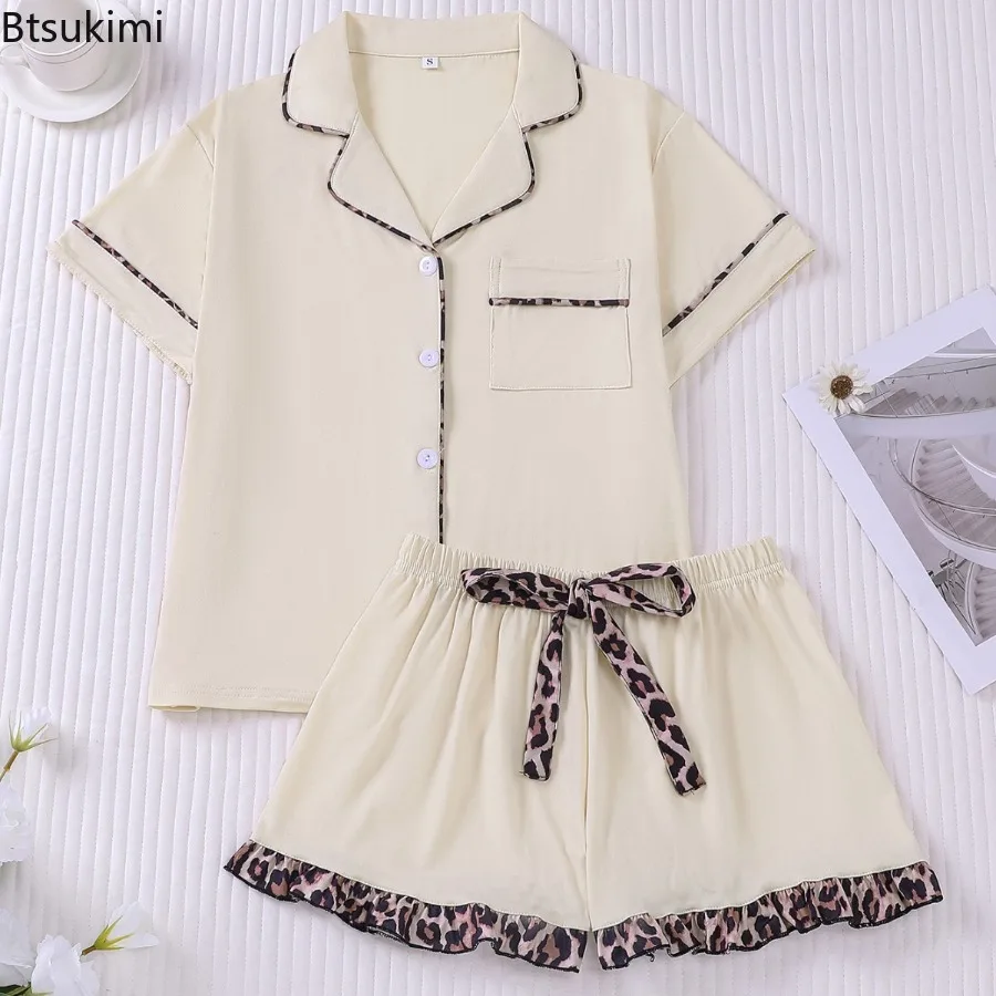 Women's Summer Sleepwear Two-piece Set Lapel Collar Short Sleeved and Leopard Print Pleated Edge Shorts Set Casual Homewear Suit