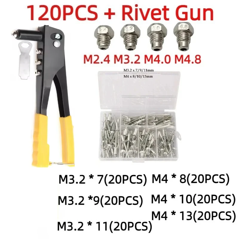 Herramientas de pistola remachadora Pop de alta resistencia y juego de tuercas de remaches ciegos de 120 Uds Kit surtido de remachadora Manual herramienta de tuerca de remache Manual