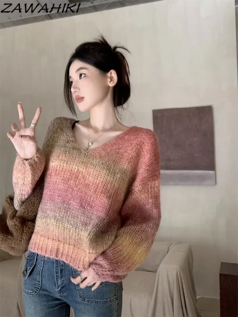 Vintage Japanese Sweet Contrast Color Gradient V-neck Long Sleeve Sweater Women Loose Fall Knitted Y2K Aesthetic Pullovers