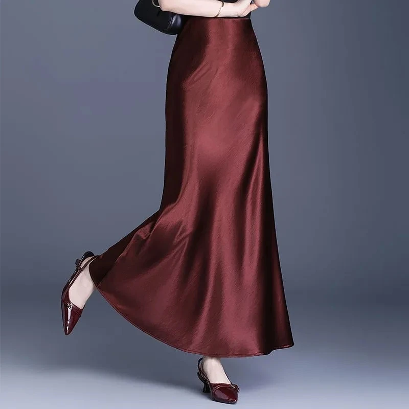 خلات الساتان مزاجه عالية الخصر التنانير الصيف جديد إمرأة طويل حورية البحر تنورة طويلة الراقية أنيقة ضئيلة ماكسي ذيل السمكة التنانير