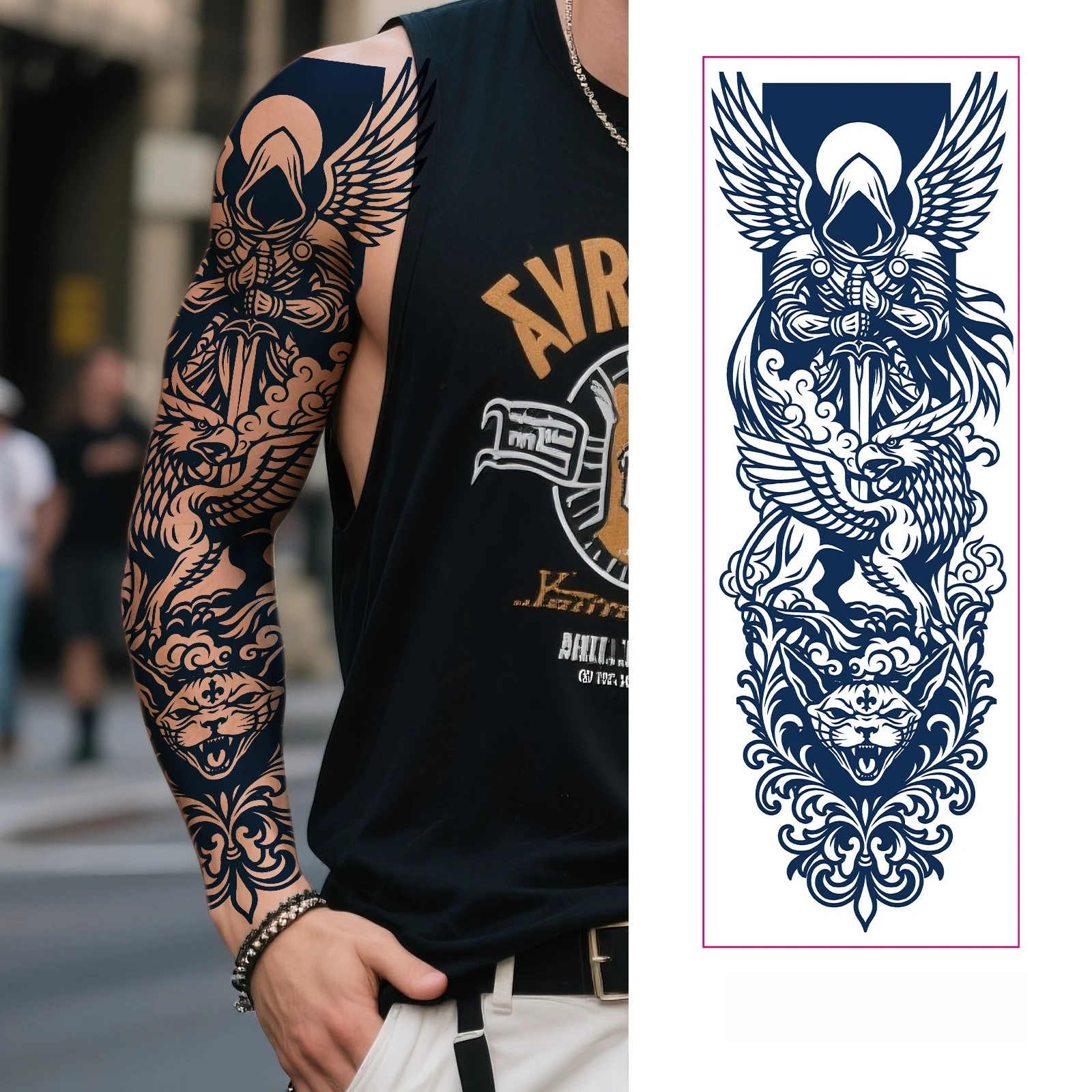 ダークハーブジュースフルスリーブタトゥーステッカー、セミパーマネント防水、ノングレアボディアートデカール（腕用）