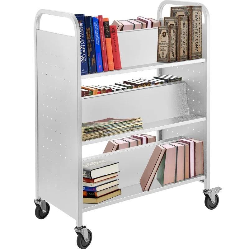 VEVOR Carrito para libros, Carrito para biblioteca de 6 estantes, Carro para libros con ruedas, Estantes inclinados en forma de W de doble cara con ruedas bloqueables de 4 pulgadas