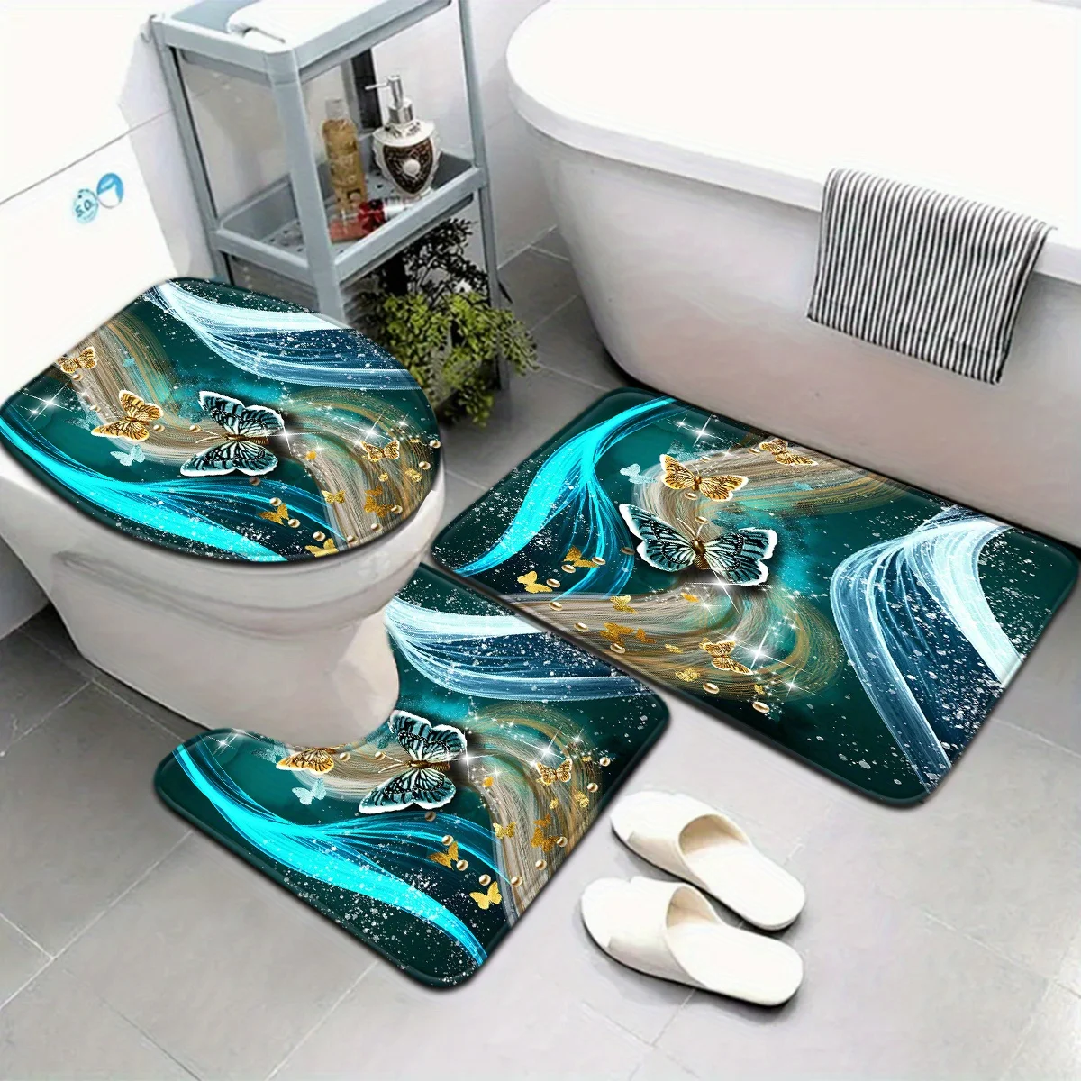 

Набор для ванной комнаты Green Flowing Butterfly — мягкая нескользящая контурная подушка, крышка унитаза и коврик для ванной комнаты, подходит для модного домашнего декора