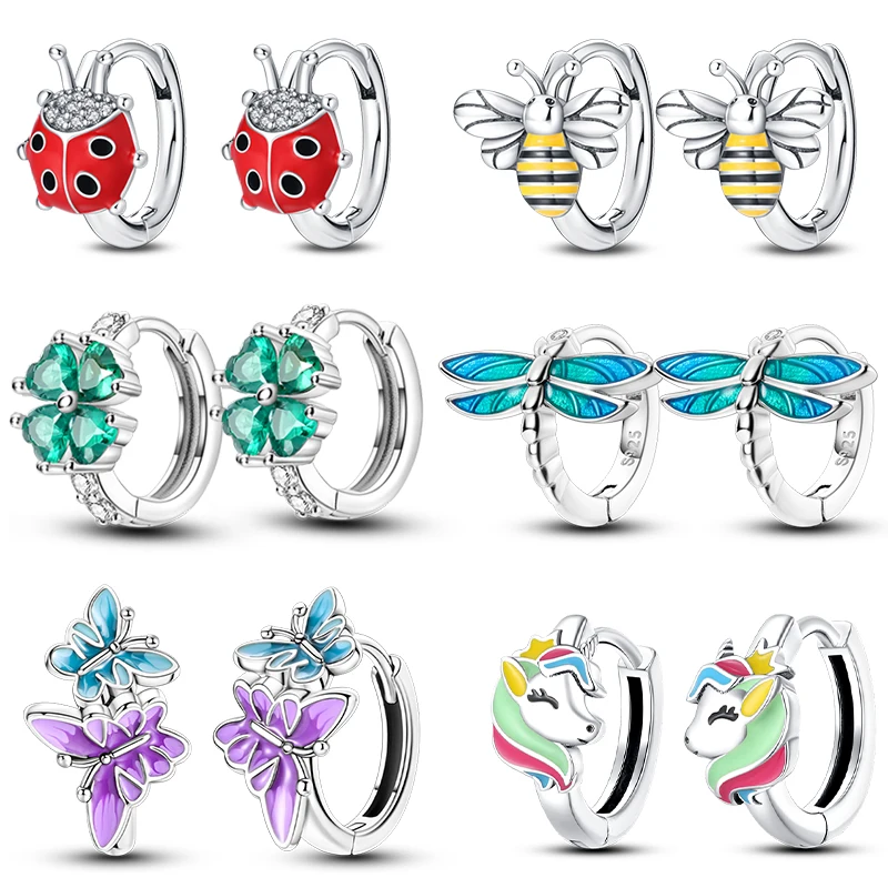 925 Sterling Silver Springtime Earrings For Women Original Butterfly Bee Dragonfly Double Hoop Earrings Birthday Party Jewelry