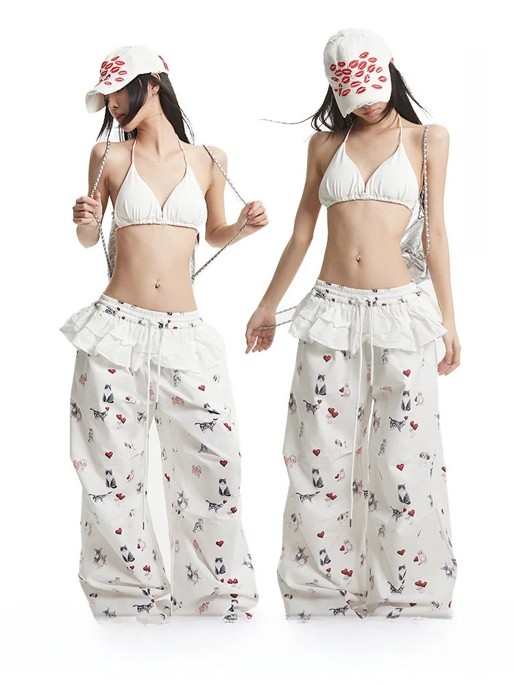 

Новые женские брюки 2025 года: белые, с принтом в стиле Hot Girl и собачьим принтом, свободные, широкие, в пол, с высокой талией, прямого кроя