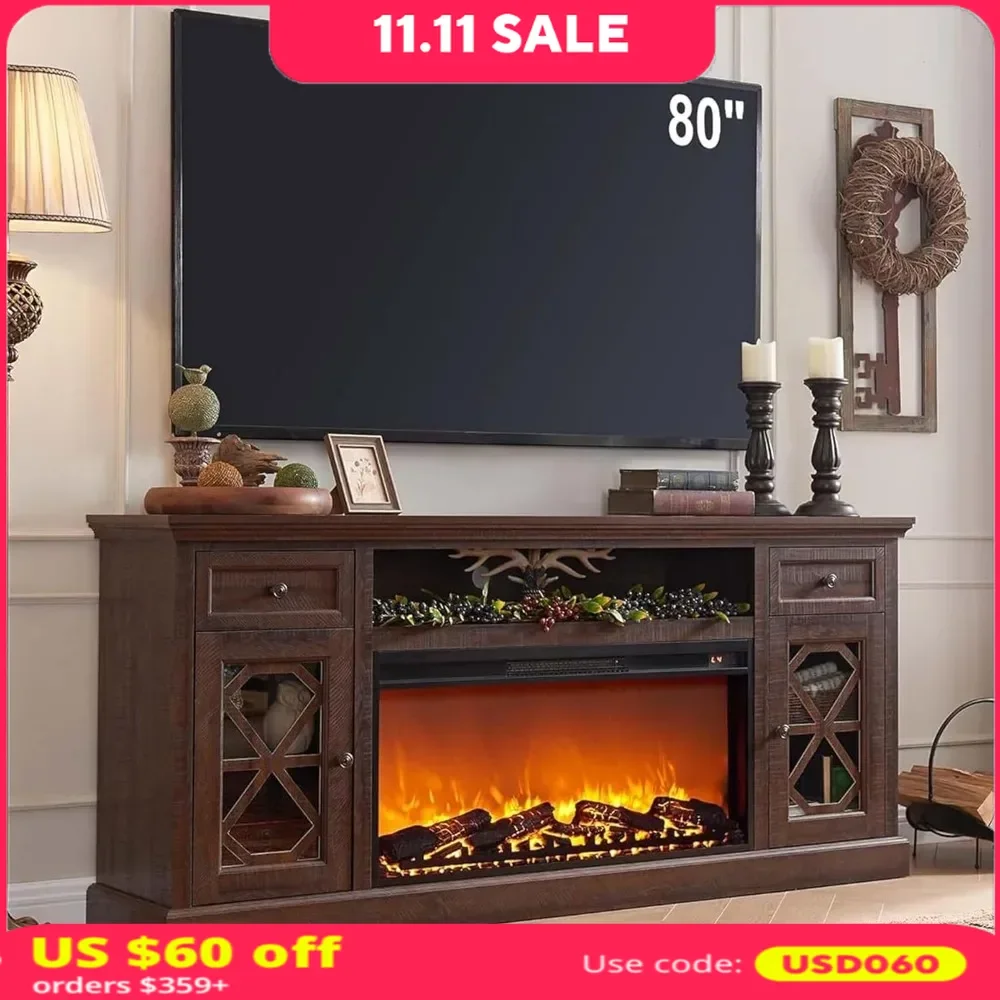 

Fireplace TV Stand，for 80"TVs, 31" Tall Entertainment Center，w/Drawer & Diamond Panel Door, 36" Electric Fireplace