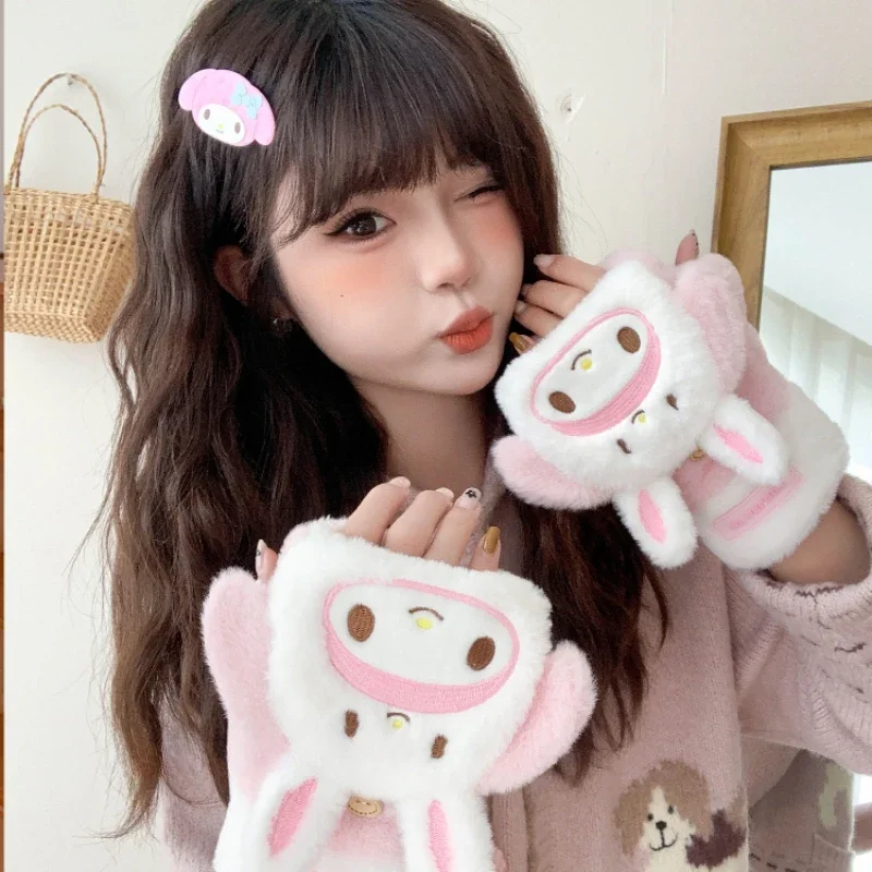 Sanrio My Melody Adult Plush Glove Kawaii Kuromi Gloves Flip Half Finger Cold-Proof Glove Screen Touch Warm Gloves Winter Gift