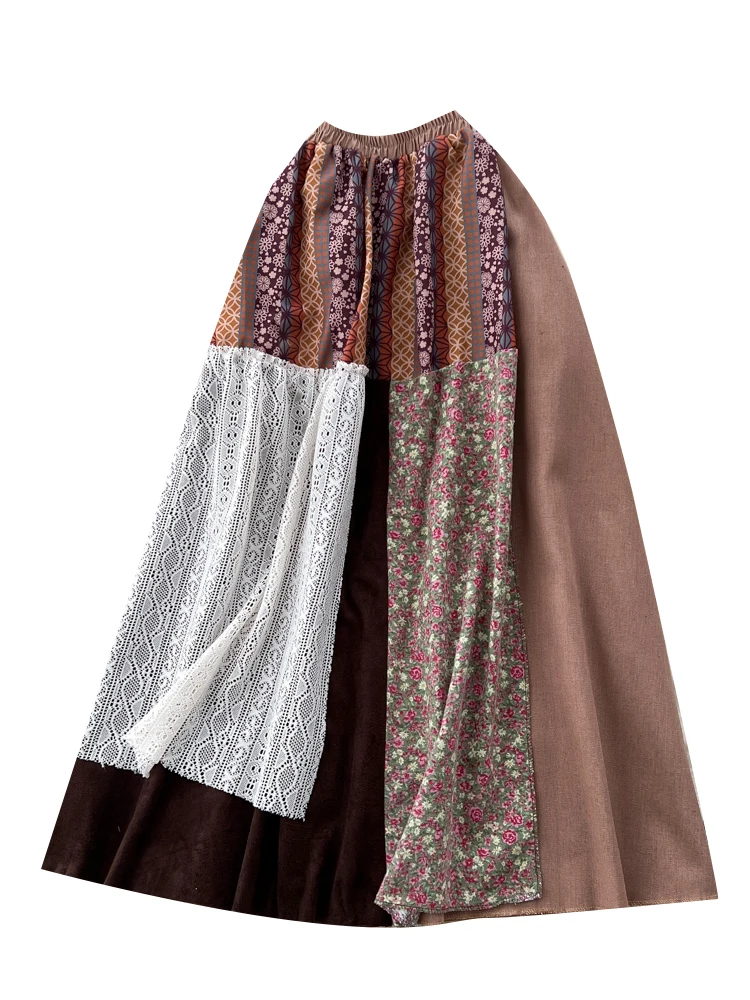 レトロな花柄パッチワークハイウエストAラインミディスカートレディース秋冬ゴムウエストスリムフィット通勤韓国風スカート