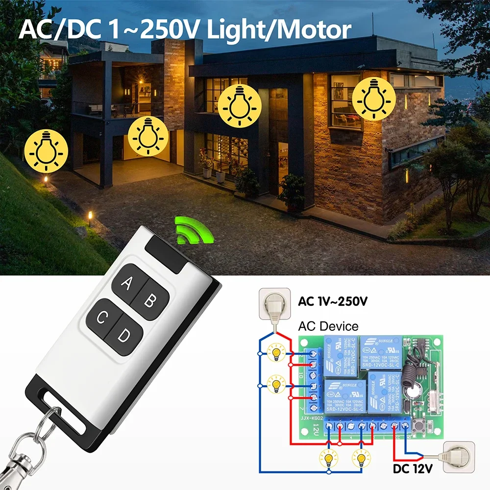 RF uniwersalny przełącznik zdalnego sterowania DC 12V 4CH 433Mhz moduł przekaźnika odbiorczego i 50m nadajnik światła/garaż/kurtyna/silnik