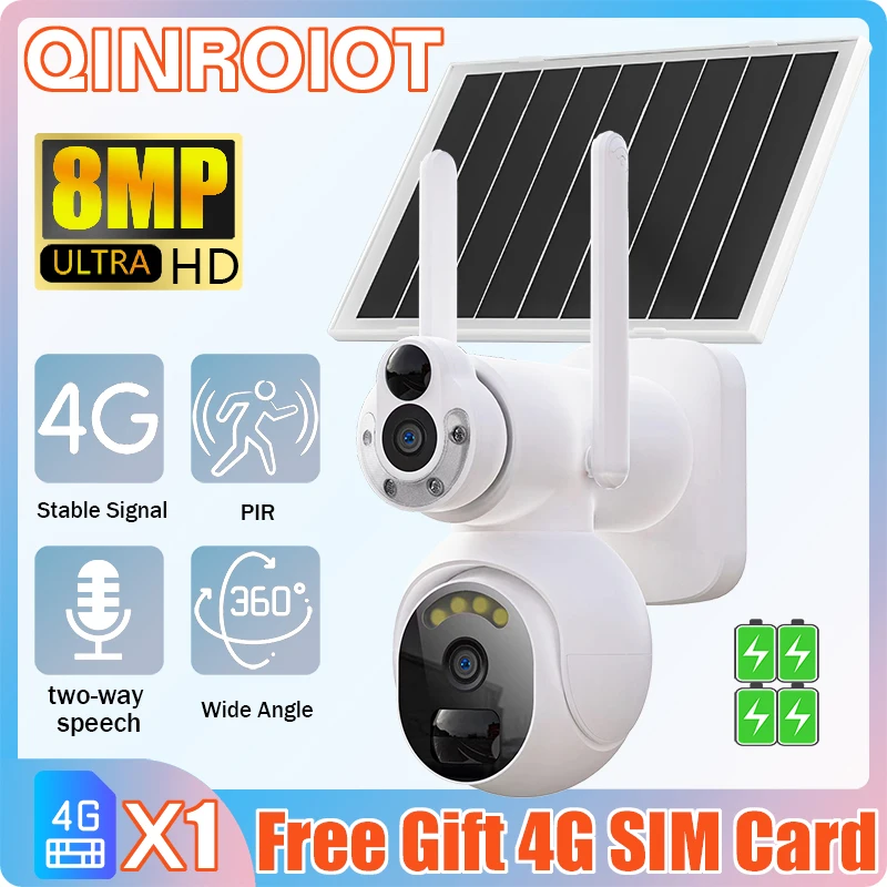 8MP 4G SIM /WIFI PTZ Dual Lens Solar Camera Security Outdoor Wireless Low Power Recording Humanoid Tracking Color Night Vision