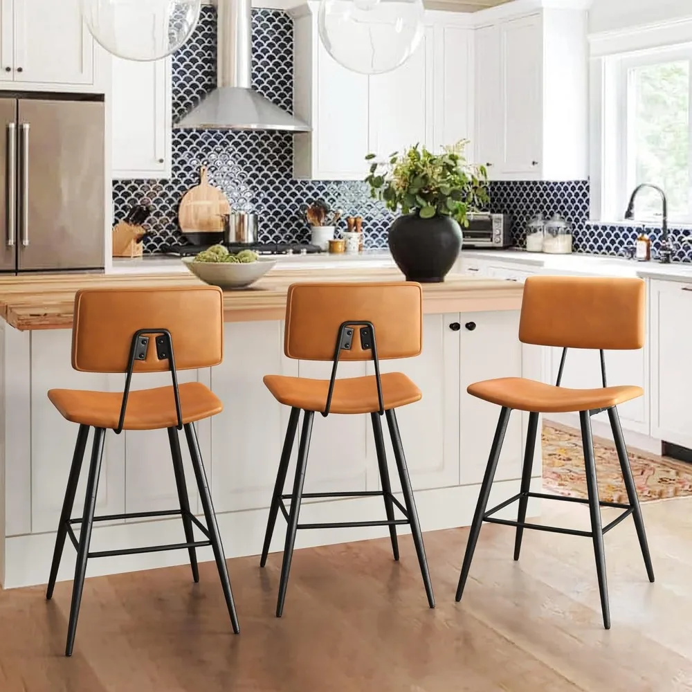 

Bar Stools Set of 3, 24.5" Counter Height Bar Stools, Whiskey Brown Faux Leather Upholstered Barstools with Back Footrest