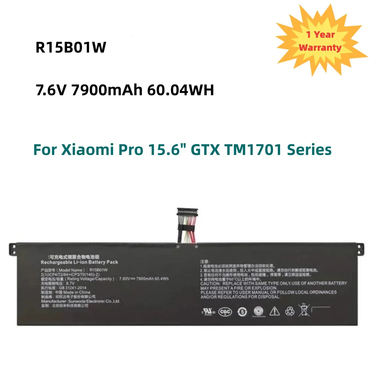 

New R15B01W Laptop Battery For Xiaomi Pro 15.6" GTX TM1701 Series Notebook 7.6V 7900mAh 60.04WH