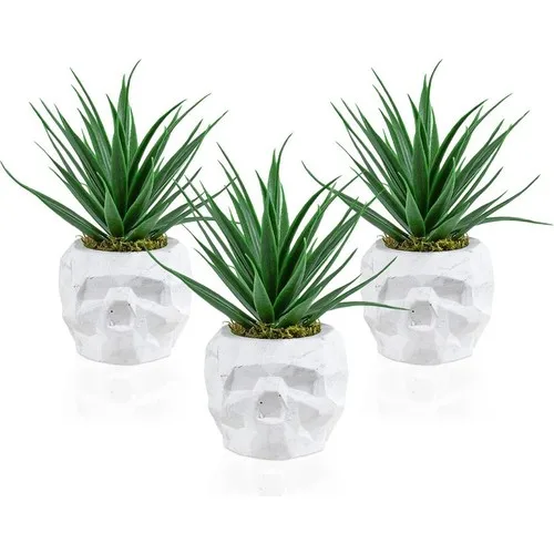 Çiçekmisin 3 Pcs Marble Look Dry Head In Pots Artificial Green Cactus Aloevera