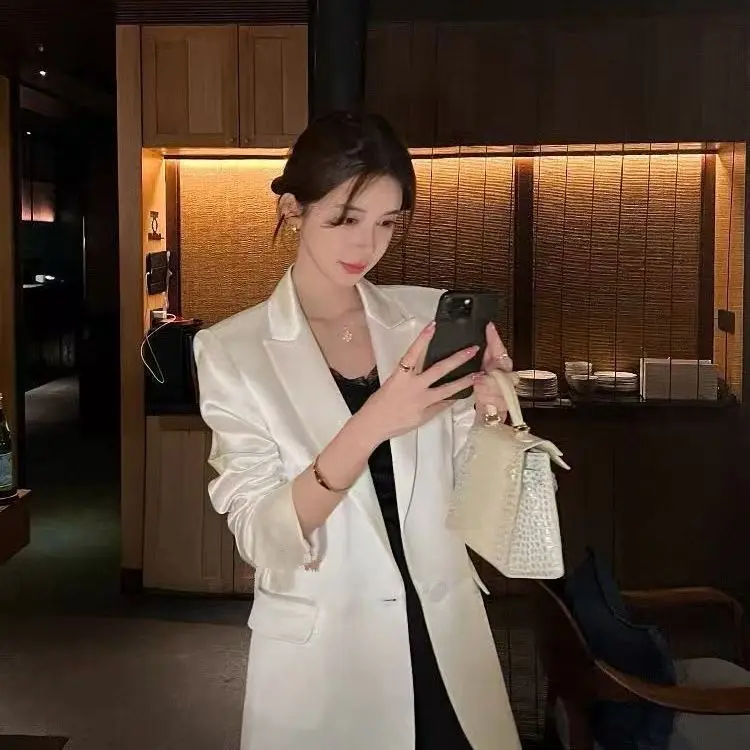 Elegant Satin Spring Summer Suit Jacket Casual Fashion Loose Korean Style Women's Business Coat Long Sleeve Color