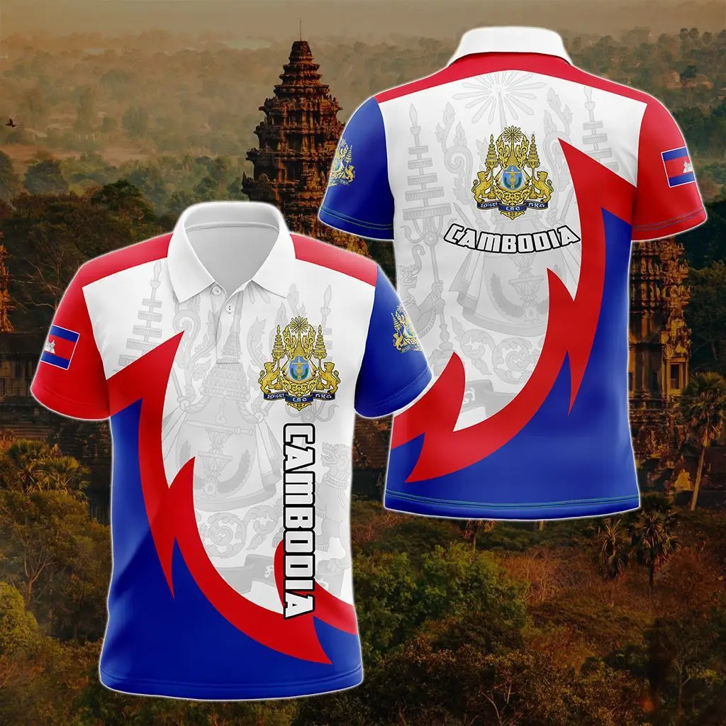 Cambodia Flag & Coat of Arms Customized Polo Shirts Summer Casual Streetwear Men's Fashion Loose Jersey Plus Size Sportswear