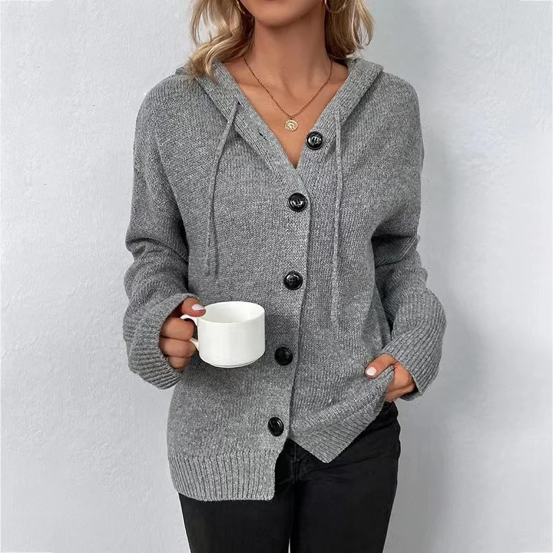 Hooded Cardigan for Women Drawstring Button Up Knit Cardigan Sweater Jacket Autumn Winter Ladies Outfit