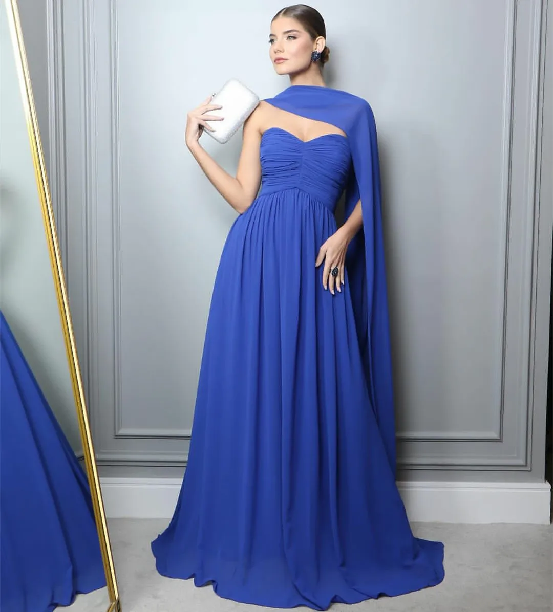 

Classy Long Chiffon Royal Blue Mother of the Brides Dresses A-Line Sweetheart Sleeveless Floor Length Godmother Dress for Women