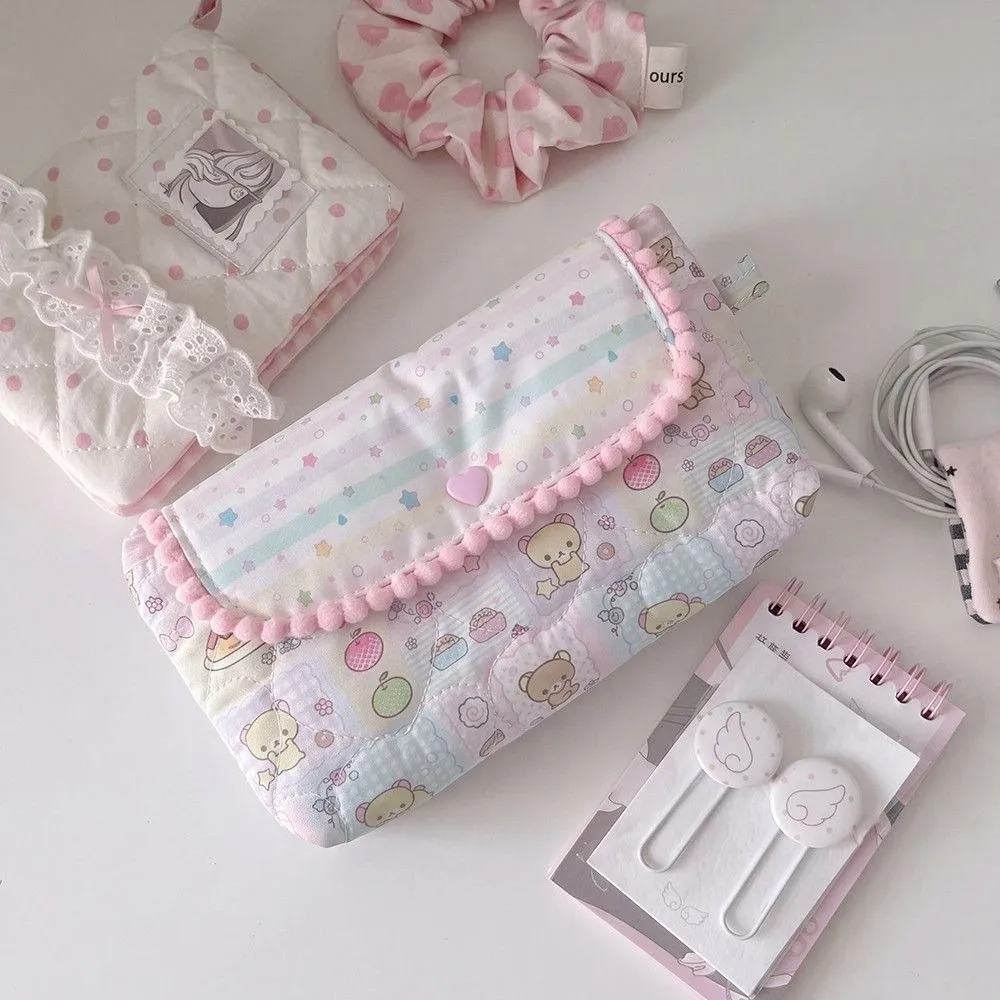 Cute Quilted Design Pencil Case Lace Flap Print Pattern Storage Pouch Zipper Closure Large Capacity Makeup Bag School Use