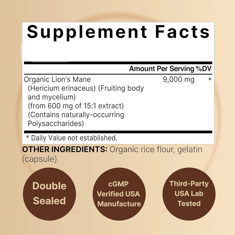 사자 갈기 버섯 보충제 캡슐, 유기 사자 갈기 분말 추출물, 인지 뇌 지능 및 면역