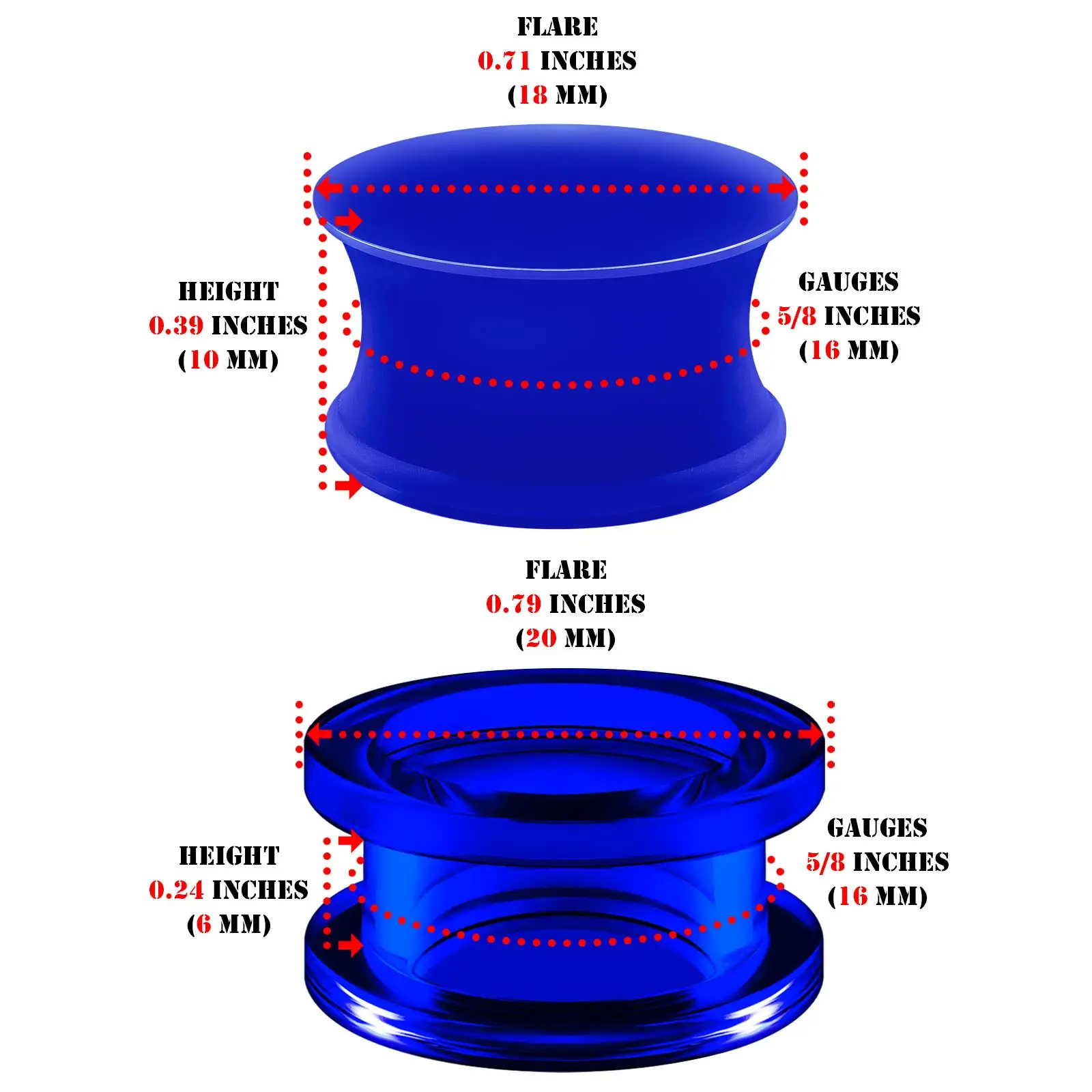 1 Pair Blue Silicone Double Flared Saddle Piercing Jewelry Stretcher Ear Plugs Earring Lobe Acrylic External Flesh Tunnel 3-20mm