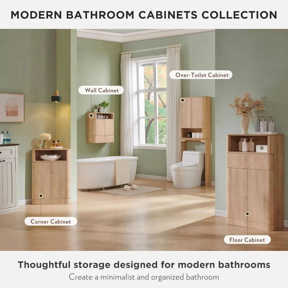 خزانة تخزين خشبية طويلة معاصرة للحمام مع رف قابل للتعديل ووصول إلى باب سلس