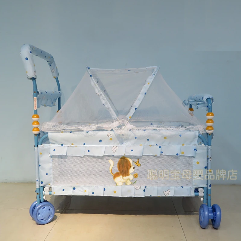 Multifunctional Baby Crib Have Mattress & Mosquito Net, Can Convert to Kids Stroller, Portable Cot with 4 Wheels