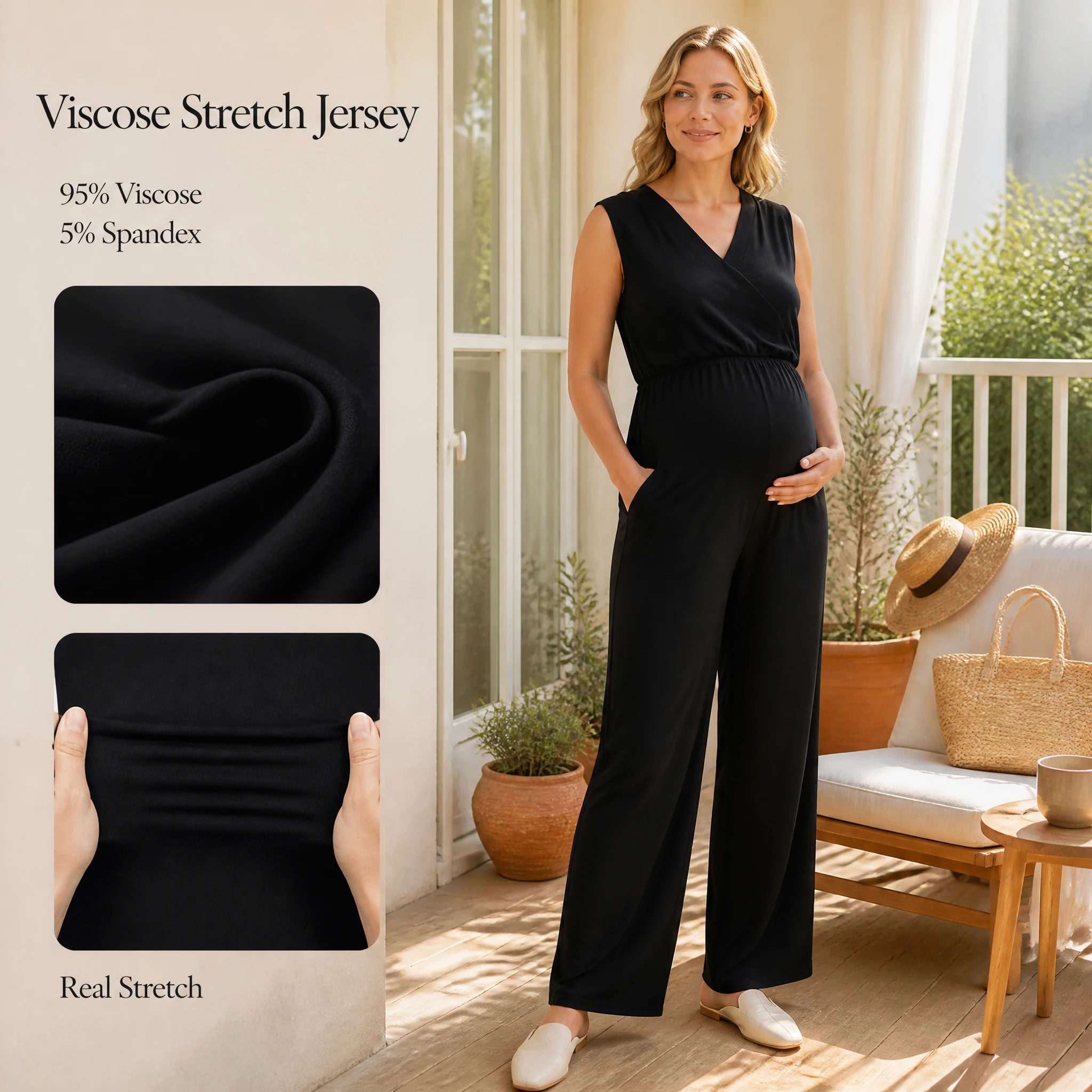 Sleeveless Maternity Nursing Jumpsuit V Neck Wrap Breastfeeding Wide Leg Pants with Pockets for Pregnant Women