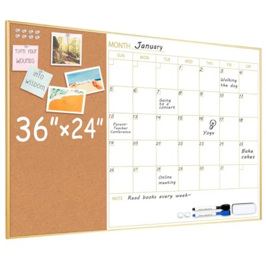 

Whiteboard Calendar with Cork Board 36"x24" Magnetic White Board Calendar Dry Erase for Wall Gold Frame Monthly Combination Boa