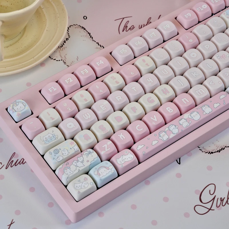 Pink Cute Rock Kitten PBT Keycaps,130 Keys Custom MOA Profile Doubleshot Key Caps Set For Mechanical Keyboards 60% 75% 80% 100%