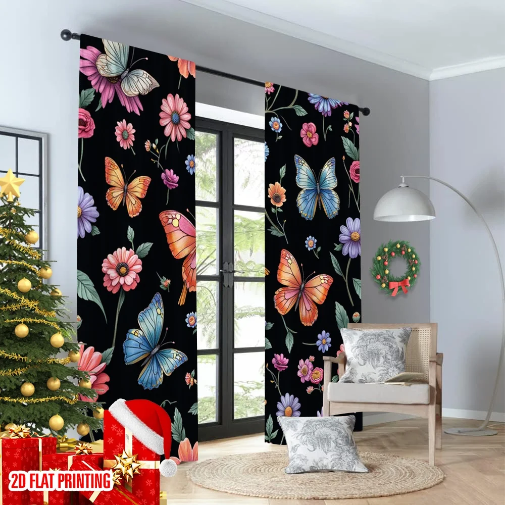 2 قطعة 2D الطباعة المسطحة المشهد الستار نابضة بالحياة فراشة الأزهار الرقمية المطبوعة البوليستر الستائر احتفالية جدار ديكور استخدام لقضاء عطلة #4