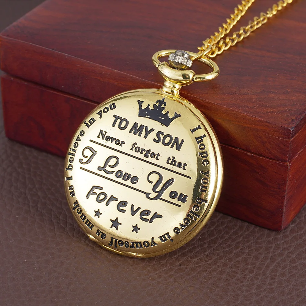 Luxury To My Son I Love You Carving Quartz Pocket Watch for Son Boys Engraved Case Fob Chain Clock for Children Birthday Gift