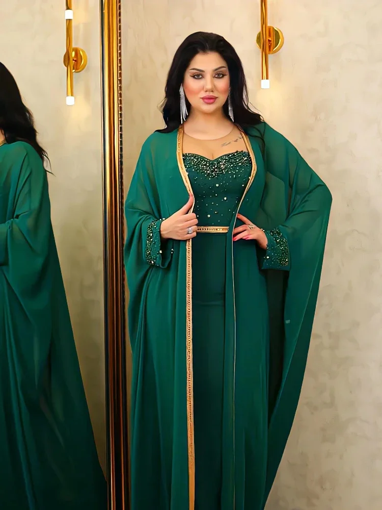 

Eid Muslim Long Dress Women Elegant Abaya 2 Piece Set Robe Belt Beading Dress Suit Ramadan Abaya V Neck Kaftan Caftan Jalabiya