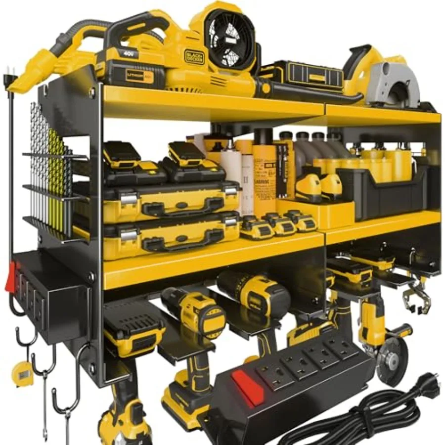 

Large Power Tool Organizer Wall Mount with Charging Station 3 Layer Heavy Duty Metal Tool Storage Rack Loads 420lbs with 6 Cord