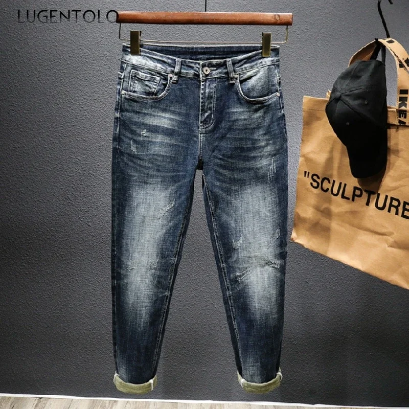 

Autumn Vintage Jeans Men Washed Slim Straight Denim Elasticity Casual Trousers Trend Street Mid Waist Pants Lugentolo