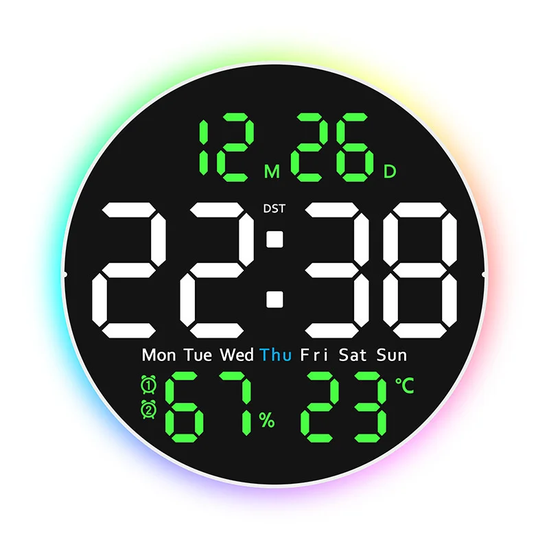 Large Round Silent LED Digital Wall Clock With Night Light Temperature Humidity Dual Alarm Display For Living Room Bedroom Gift
