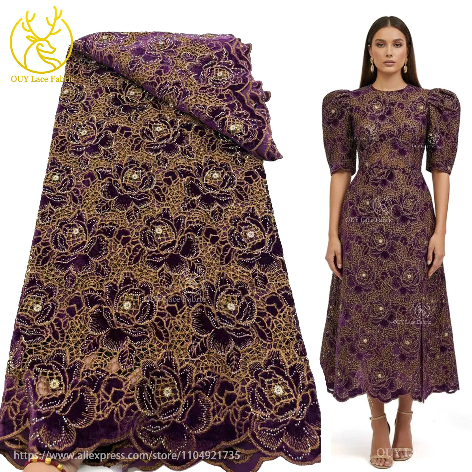 

Роскошные африканские женские платья, бархатная кружевная ткань с кристаллами, 2024, высокое качество, нигерийская веревочная кружевная ткань для шитья вечерних платьев