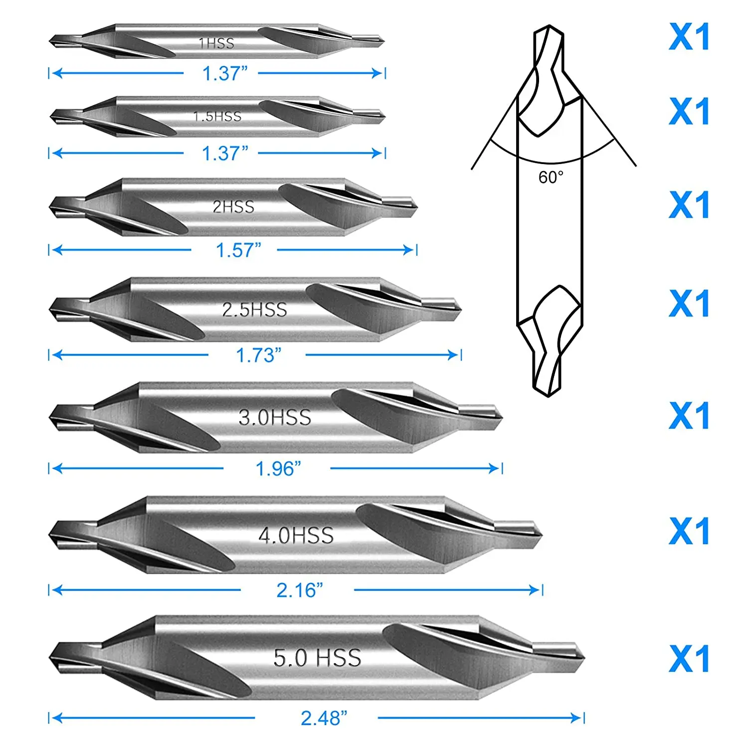 Conjunto de Brocas Centrais, Ferramentas Countersink para Torno Metalworking, ângulo de 60 graus, 7 pcs