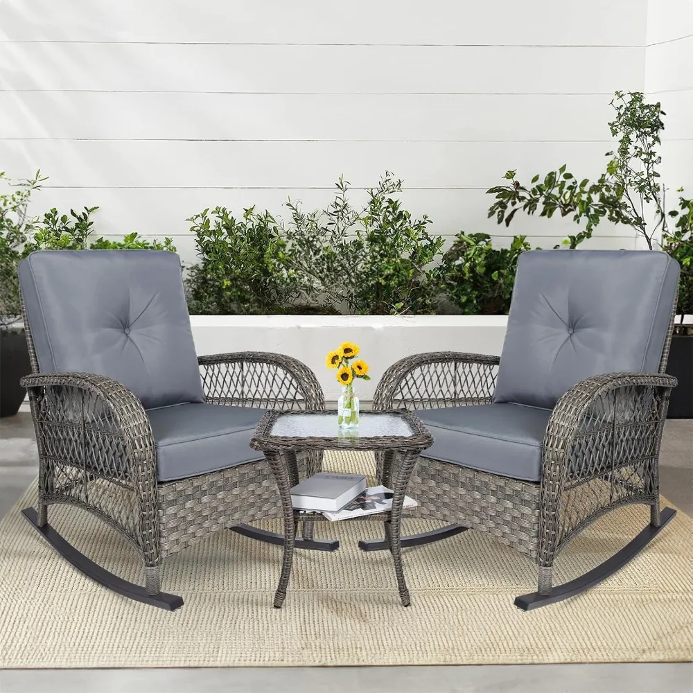 3 Piece Outdoor Wicker Rocking Chair Set with Cushions and Glass Top Coffee Table Rattan Patio Rocking Chair Set, Gray