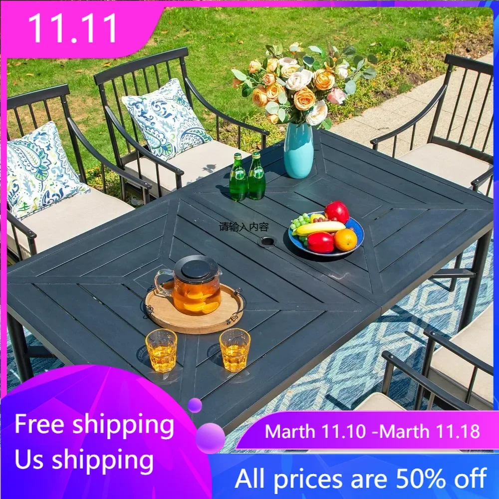 

Rectangular Metal Patio Table for 6 E-Coating Weather-Resistant Dining Table With 1.75" Umbrella Hole for Garden Porch Camping