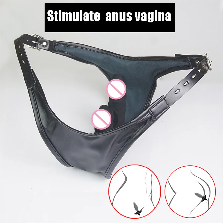 Leather Harness Chastity Panties Strapon Silicone Double Dildos Butt Plug Chastity Belt With Vagina Anal Plug Female Masturbator