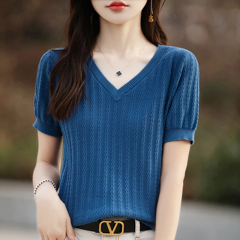 Women's T-shirt Summer New 100% Pure Cotton Tees Casual Solid Knitted Short sleeved V-neck Pullover Loose Tops Fashion Sweater